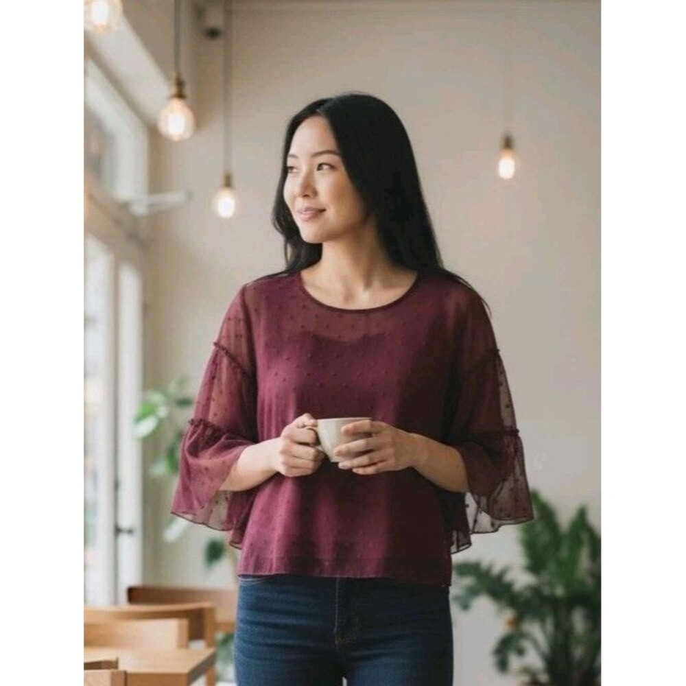 Express Sheer Burgundy Blouse Polka Dots Bell 3/4 Sleeve Size PM New